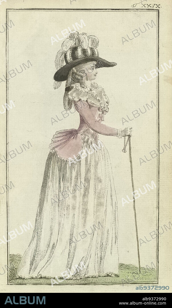 Journal des Luxus und der Moden 1786, Band I, T. 29, Woman to the right, in caraco of pink Peking, with skirt and bodice of white Peking. Caraco in a new form: cut out from below ((check) ? and trimmed with white band. Skirt and bodice trimmed with pink band. On the head a straw hat with a thick 'soubise' of black crepe around the ball. Decorated with five white feathers. Fichu and chemise. Accessories: oblong earrings, white gloves and walking stick. Print from the fashion magazine Journal des Luxus und der Moden, published by Friedrich Justin Bertuch and Georg Melchior Kraus, Weimar, 1786-1826., publisher: Friedrich Justin Bertuch, publisher: Georg Melchior Kraus, Weimar, 1786, paper, etching.