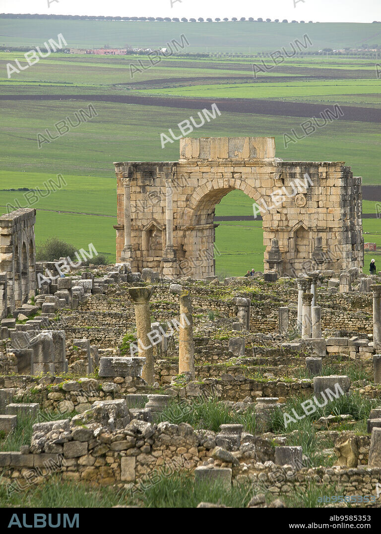 Ciudad Romana de Volubilis(II d.c.), arco de triunfo, yacimiento arqueologico.Marruecos.