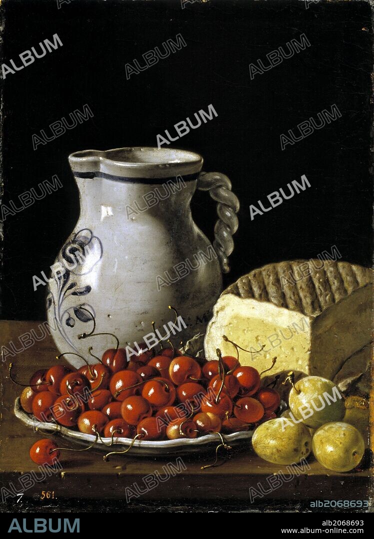 LUIS MELÉNDEZ. Luis Egidio Meléndez / 'Bodegón con plato de cerezas, ciruelas, jarra y queso', Hacia 1760, Escuela Española, Óleo sobre Lienzo, 47 cm x 35 cm, P00911.