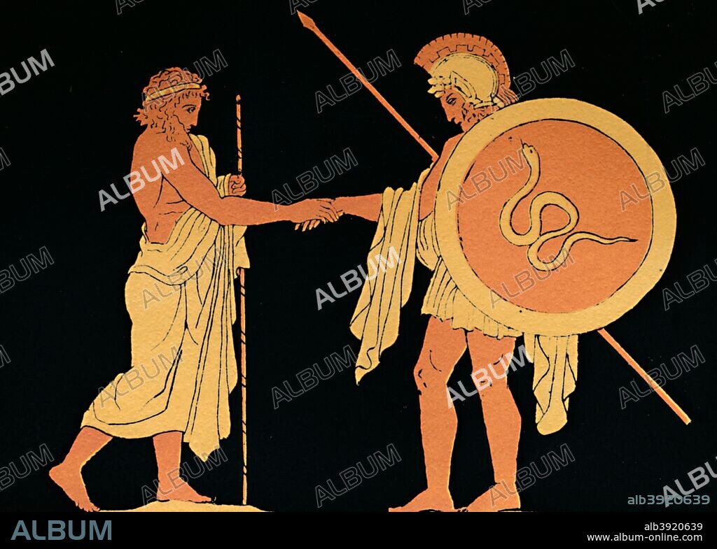 'Pelias Sending Forth Jason', 1880. Pelias was king of Iolcus in Greek mythology, the son of Tyro and Poseidon. Jason was an ancient Greek mythological hero who was famous for his role as the leader of the Argonauts and their quest for the Golden Fleece. From Stories from the Greek Tragedies by the Rev. Alfred J. Church, M.A. [Seeley, Jackson, & Halliday, London, 1880].