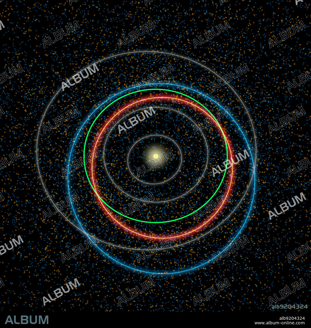 This diagram illustrates the differences between orbits of a typical near-Earth asteroid (blue) and a potentially hazardous asteroid, or PHA (orange). PHAs are a subset of the near-Earth asteroids (NEAs). They have the closest orbits to Earth's orbit, coming within 5 million miles (about 8 million kilometers), and they are large enough to survive passage through Earth's atmosphere and cause damage on a regional, or greater, scale. Our yellow sun sits at the center of the crowd, while the orbits of the planets Mercury, Venus and Mars are shown in grey. Earth's orbit stands out in green between Venus and Mars. As the diagram indicates, the PHAs tend to have more Earth-like orbits than the rest of the NEAs. The asteroid orbits are simulations of what a typical object's path around the sun might look like. The dots in the background are based on data from NASA's NEOWISE, the asteroid-hunting portion of the Wide-field Infrared Survey Explorer (WISE) mission, which scanned the whole sky twice in infrared light before entering hibernation mode in 2011. The blue and orange dots represent a simulation of the population of near-Earth asteroids and the PHAs, respectively, which are larger than 330 feet (100 meters). NEOWISE has provided the best overall look at the PHA population yet, refining estimates of their numbers, sizes, types of orbits and potential hazards. The NEOWISE team estimates that about 20 to 30 percent of the PHAs thought to exist have actually been discovered to date.