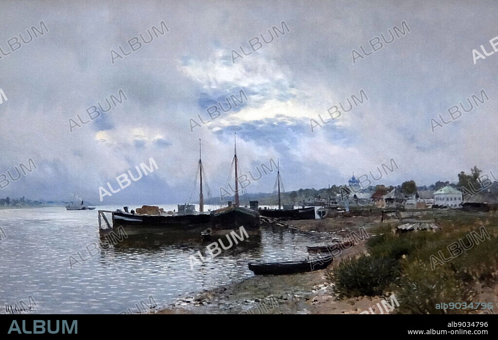 Painting titled 'After Rain. Plyos' by Isaac Levitan. Isaac Ilyich Levitan (1860-1900) a Classical Russian landscape painter.