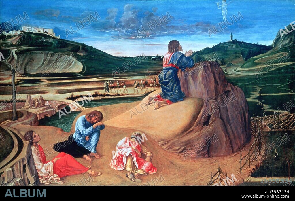 'The Agony in the Garden', c1465. Jesus praying in the Garden of Gethsemane while three of his disciples, Peter, James and John, are asleep. Found in the collection of the National Gallery, London.