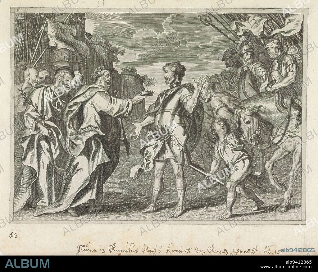 Numa Pompilius is appointed king of Rome, Metamorphoses of Ovid (series title), To Numa Pompilius the crown is handed over after the disappearance of Romulus, the founder of Rome. On either side Latins and Sabines., print maker: Petrus Clouwet, after design by: Anthony van Dyck, (possibly), after design by: Theodoor van Thulden, (possibly), c. 1636 - 1670, paper, engraving, height 165 mm × width 227 mm.