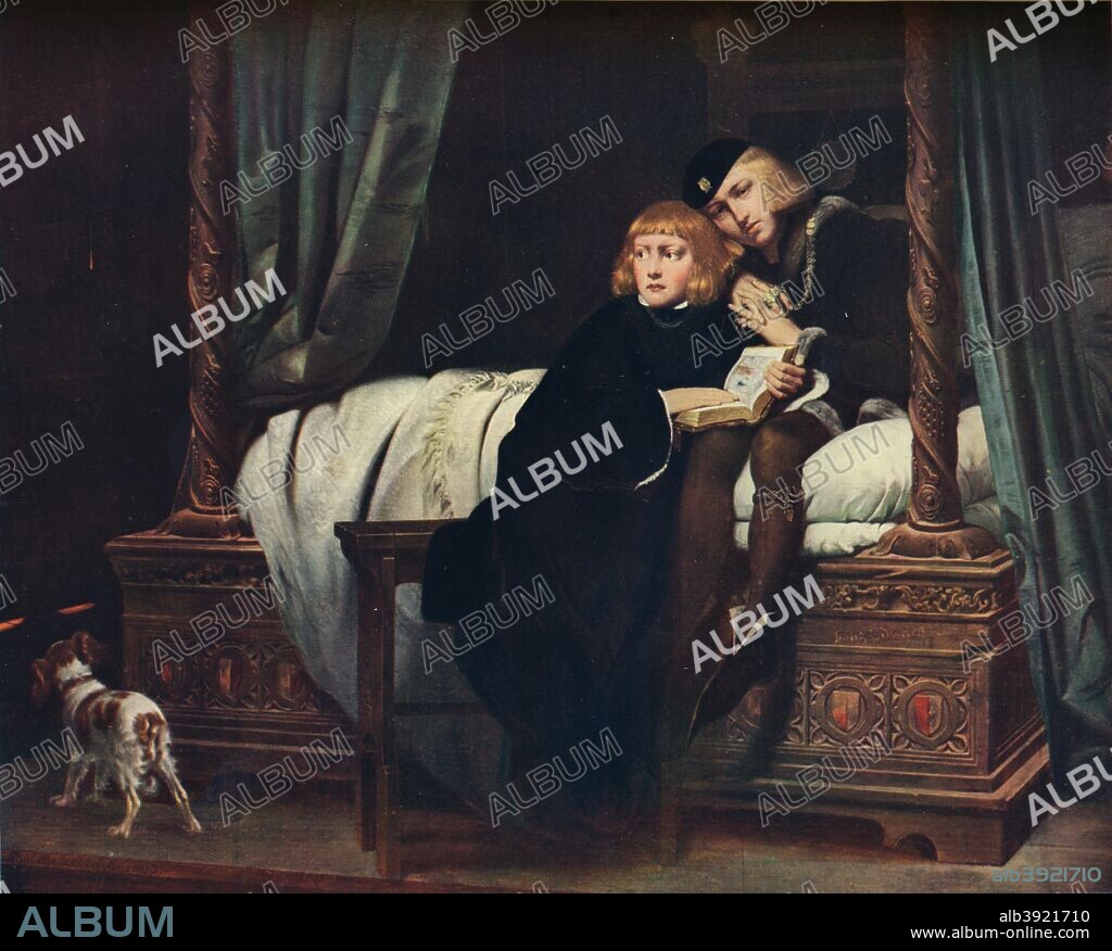 The Young Princes in the Tower', 1831. Edward V (1470-1483) and his younger brother Richard, Duke of York (1473-1483), the Princes in the Tower. Edward succeeded his father, Edward IV, as King in April 1483. He was deposed in June and was succeeded by his uncle, Richard, Duke of Gloucester, who ruled as Richard III. The two young princes were subsequently imprisoned and murdered in the Tower of London. After a painting by Hippolyte De La Roche (1797-1856), commonly known as Paul Delaroche. From the Connoisseur VOL. XXVII, 1910.