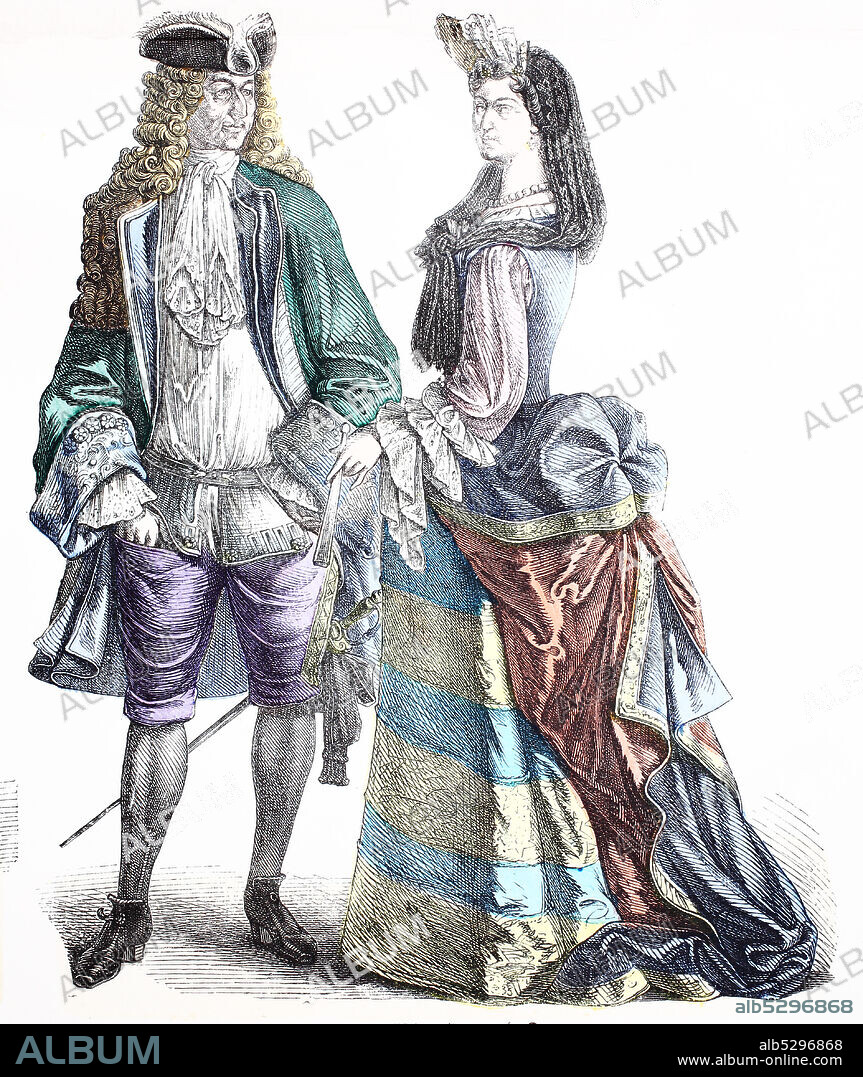 National costume, clothes, history of the costumes, French man and lady, approx. in 1700-1735, Volkstracht, Kleidung, Geschichte der Kostüme, französischer Herr und Dame, ca 1700-1735.
