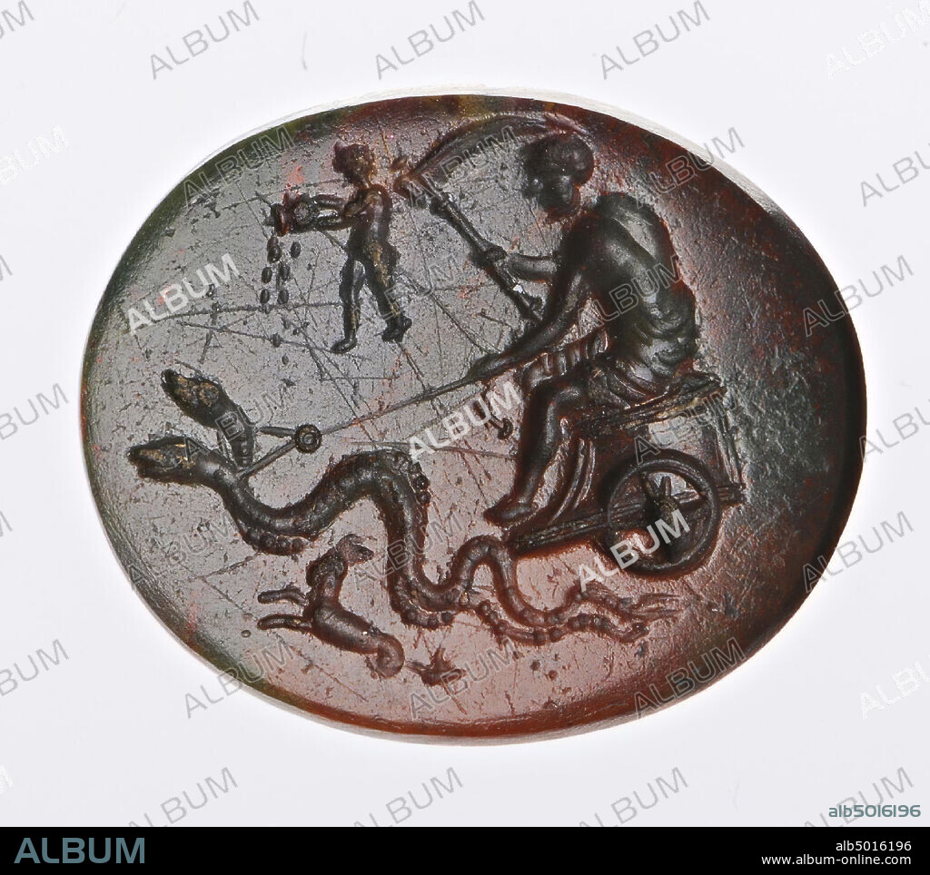 A man with a scythe (?) Sits on a chariot that is pulled by two snakes. Next to the snakes a hippocamp and above the scene a standing figure that empties a jar, gem, intaglio, ringstone, stone, jasper, Color: red and gray, opaque, Shape: oval, lying, Processing: Maaskant-Kleibrink, M. , Catalog of the engraved gems in the Royal Coin Cabinet, 1978, p.60, fig.2, type F4, 12 x 15 mm. Thickness 2 mm., Italy.