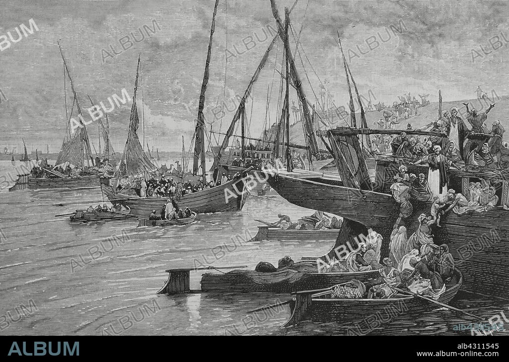 Norte de Africa. Egipto. El cólera. Habitantes de Boulak (El Cairo), huyendo de la epidemia. Grabado por Tomás Carlos Capuz (1834-1899). La Ilustración Española y Americana, 22 de agosto de 1883.