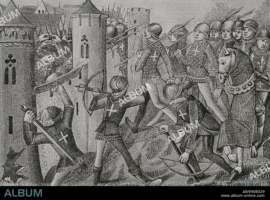 Guerra de los Cien Años (1415-1429). Batalla de Jargeau (11 y 12 de junio de 1429). Los franceses, liderados por Juana de Arco, tomaron la iniciativa y derrotaron a las tropas inglesas. Cómo fue tomada Gergeau. Grabado a partir de una miniatura del manuscrito francés "Vigiles du Roi Charles VII", h. 1484. Sciences & Lettres au Moyen Age et à l'époque de la Renaissance. París, 1877.