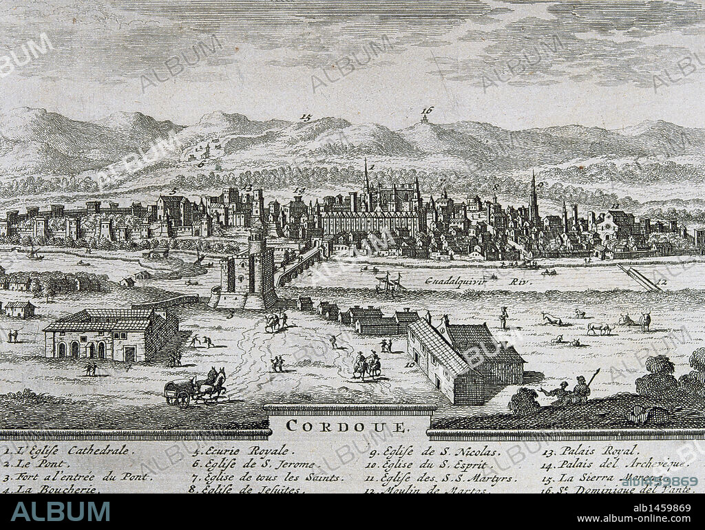 Spain. Andalusia. Cordoba. View of the city with the Sierra Morena in the background. Engraving in 'Delights of Spain and Portugal' (1707).