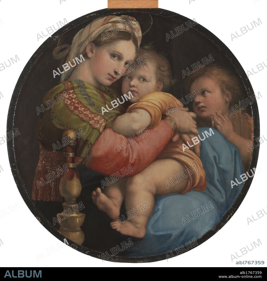 RAPHAEL. Madonna of the Chair, by Raffaello Sanzio, 1513-1514, 16th Century, oil on panel, cm 71 x 71 cm. Italy, Tuscany, Florence, Palazzo Pitti, Palatine Gallery. Tondo. Formerly cataloged in the Tribuna of the Uffizi. Whole artwork view. Tondo Virgin Mary turban embrace hug Baby Child Jesus Young St John prayer cross chair backrest.