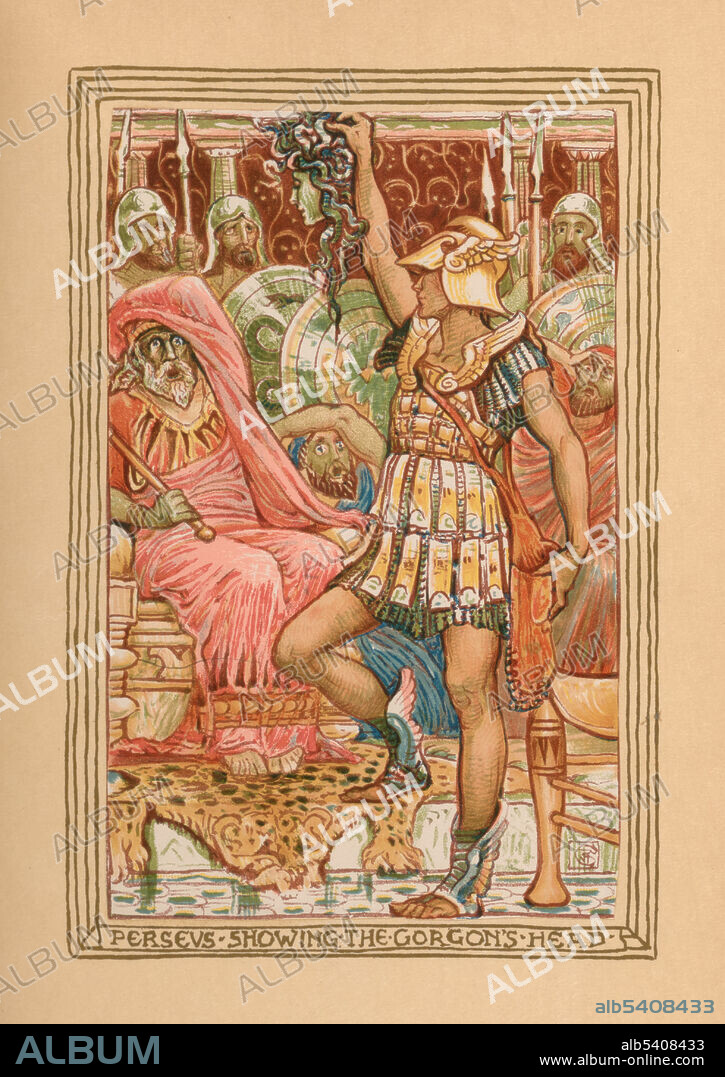 On returning to Seriphos and discovering that his mother had to take refuge from the violent advances of Polydectes, Perseus killed him with Medusa's head. The Gorgon's Head, recounts the story of Perseus killing Medusa at the request of the king of the island, Polydectes. Nathaniel Hawthorne (July 4, 1804, May 19, 1864) was an American novelist, dark romantic, and short story writer. His, A Wonder-Book for Girls and Boys, first published in 1851, is a children's book in which he retells several Greek myths. Walter Crane (August 15, 1845, March 14, 1915) was an English artist and book illustrator. Printed at the Riverside Press, 1893.