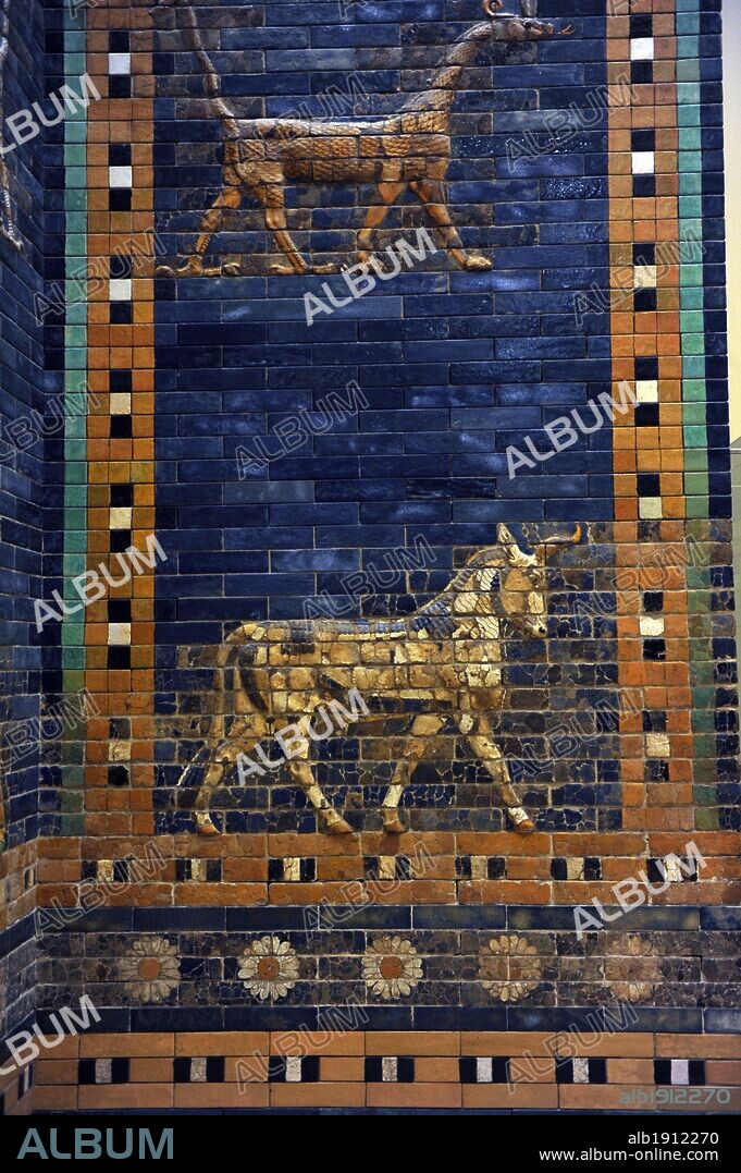 Ishtar Gate. The eight gate of the inner wall of Babylon. Built in 575 BC by order to Nebuchadnezzar II. Reconstructed in 1930. Detail. Pergamon Museum. Berlin. Germany.