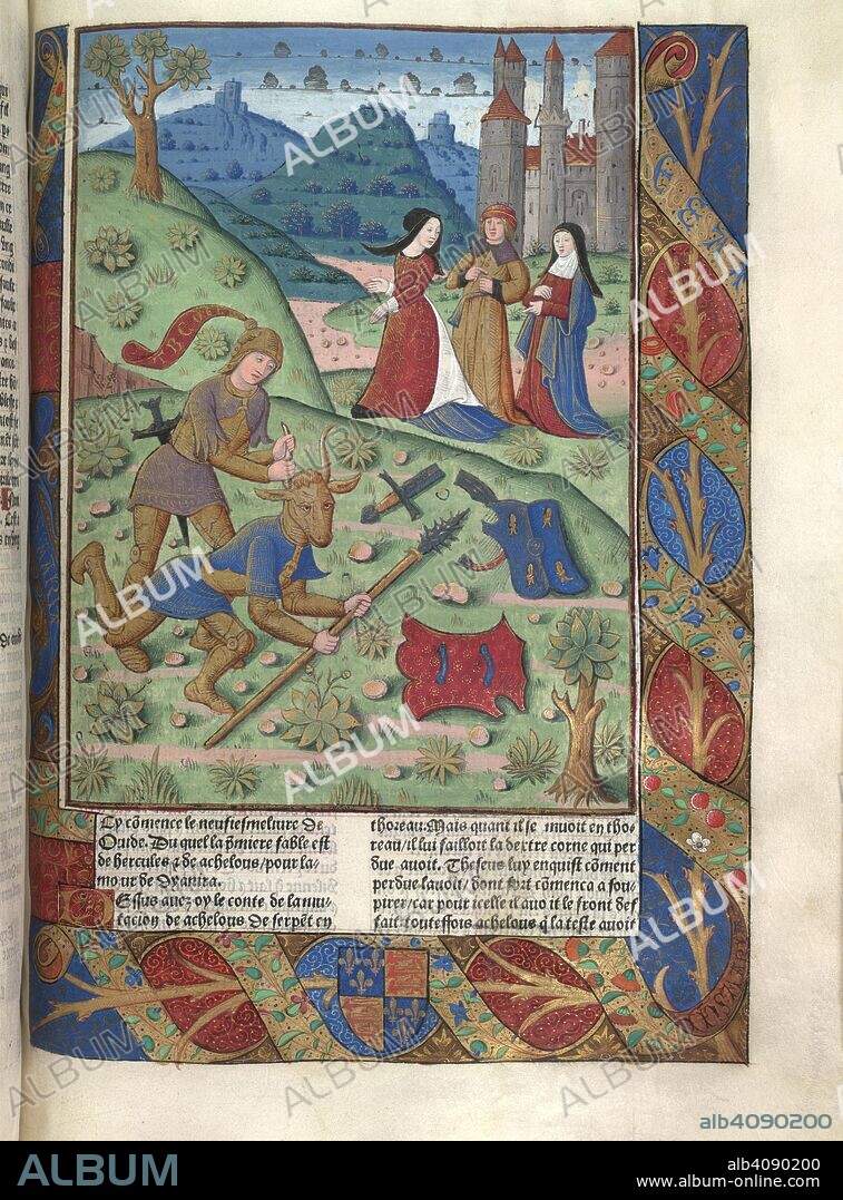 Hercules and Achelous. Metamorphoses. Antoine VÃ©rard: Paris, 1494. (Whole page) Hercules and Achelous. Hercules and the river-god Achelous fight to win the hand of Deianira in marriage. Achelous takes the form of a bull, and Hercules defeats him by breaking off one of his horns. In the background Deianira with her parents Oeneus, King of Calydon, and Althaea. Source: IC.41148, XCIII. Language: French.