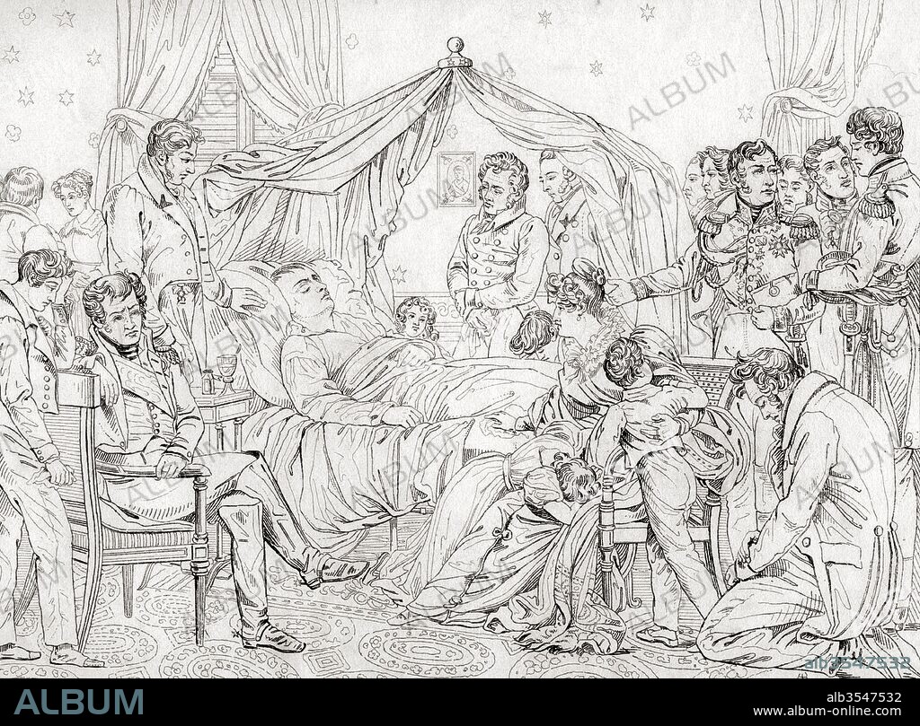 The death of Napoleon, May 5, 1821, at Longwood House, St. Helena. Napoleon Bonaparte, 1769 – 1821. After the painting by Charles Auguste Steuben. French military and political leader and Emperor of the French from 1804 to 1815 as Napoleon I. From a 19th century Life of Napoleon.
