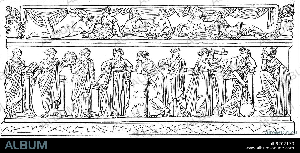 Muses: Clio, Thalia, Erato, Euterpe, Polimniya, Calliope, Terpsichore, Urania, Melpomene - a sarcophagus that is stored in the Louvre, Paris - an illustration of the encyclopedia publishers Education, St. Petersburg, Russian Empire, 1896.