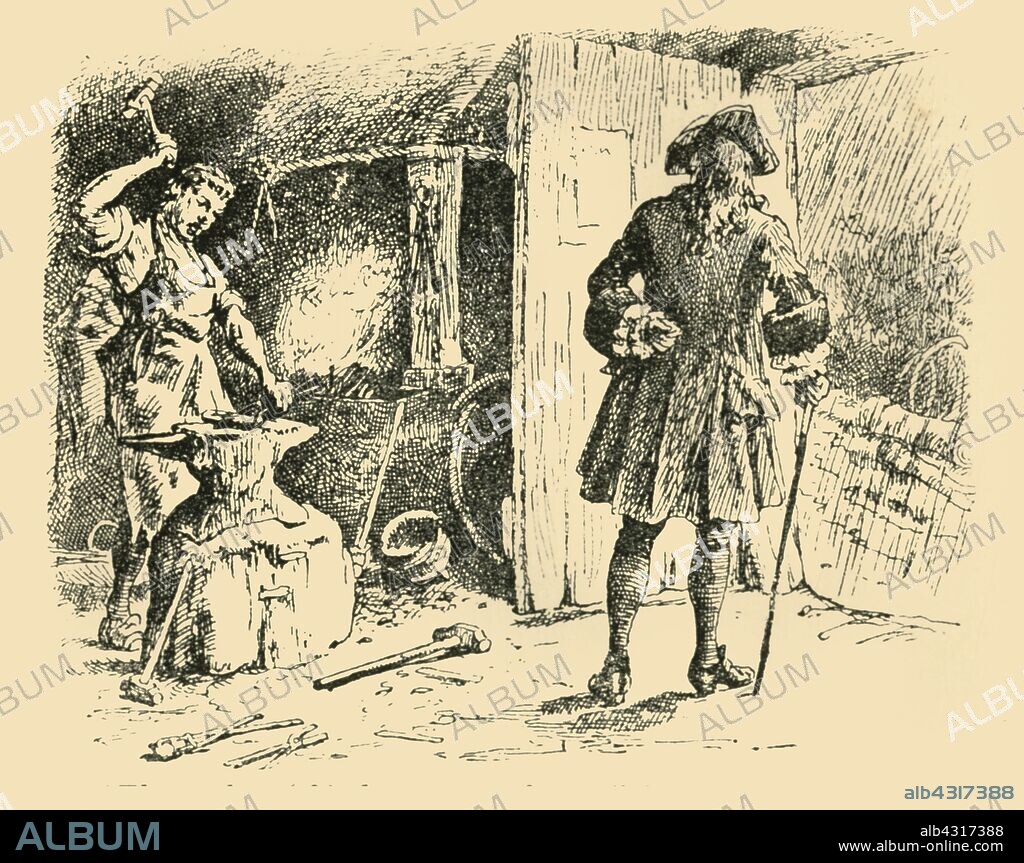 'The strokes of his hammer on the anvil kept time to his song', (1907). The German composer Handel is inspired by the sound of a hammer on an anvil: 'he was overtaken by a heavy shower of rain, and sought shelter within the smithy. The blacksmith was singing at his work, and the strokes of his hammer on the anvil kept time to his song. Handel, it is said, was so struck both by the air and its accompaniment that on reaching home he wrote down the tune with a set of variations upon it.' An episode from the life of German composer George Frideric Handel (1685-1759). From "Story-Lives of Great Musicians", by F.J. Rowbotham. [Wells Gardner, Darton & Co. Ltd, London, 1907].