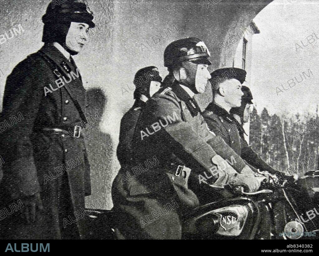 Motorcycle rider in the mechanized unit of Nazi Germany. Nazi Germany, officially known as the German Reich from 1933 until 1943, and the Greater German Reich from 1943 to 1945, was the German state between 1933 and 1945, when Adolf Hitler and the Nazi Party controlled the country, transforming it into a dictatorship.