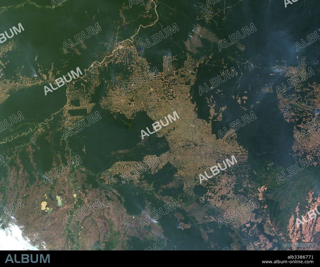 Deforestation of the Amazon rainforest at Rondonia, Brazil. In this image, intact forest is deep green, while cleared areas are tan (bare ground) or light green (crops, pasture, or occasionally, second-growth forest). The fish bone pattern of small clearings along new roads is the beginning of one of the common deforestation trajectories in the Amazon.), the remaining forest cover continues to dwindle. The Amazon rainforest represents over half of the planet's remaining rainforests.