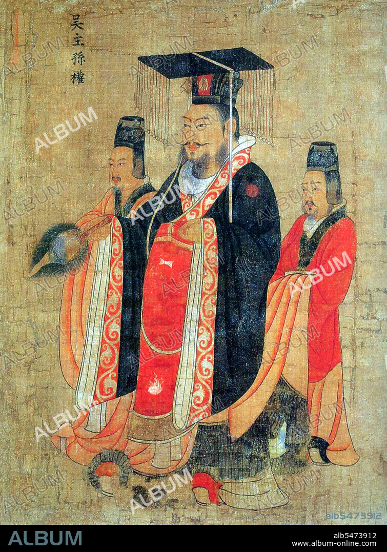 Sun Quan (182–252), son of Sun Jian, formally Emperor Da of Wu, was the founder of Eastern Wu during the Three Kingdoms period in China. He ruled from 222 to 229 as King of Wu and from 229 to 252 as Emperor of Wu. Yan Liben (Wade–Giles: Yen Li-pen, c. 600-673), formally Baron Wenzhen of Boling, was a Chinese painter and government official of the early Tang Dynasty. His notable works include the Thirteen Emperors Scroll and Northern Qi Scholars Collating Classic Texts. He also painted the Portraits at Lingyan Pavilion, under Emperor Taizong of Tang, commissioned in 643 to commemorate 24 of the greatest contributors to Emperor Taizong's reign, as well as 18 portraits commemorating the 18 great scholars who served Emperor Taizong when he was the Prince of Qin. Yan's paintings included painted portraits of various Chinese emperors from the Han Dynasty (202 BC-220 AD) up until the Sui Dynasty (581-618) period.