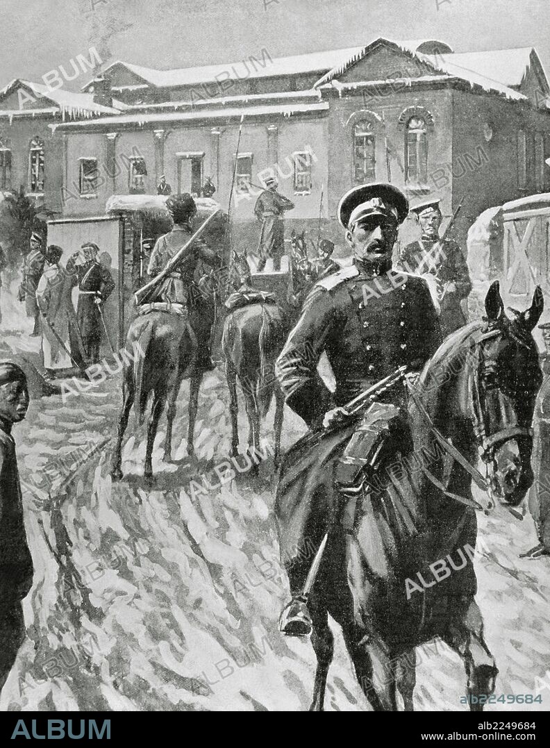 GUERRA RUSO-JAPONESA (1904-1905). Japón entró en guerra con Rusia con la finalidad de asegurarse intereses capitales en Corea y sur de Manchuria. "CUARTEL GENERAL RUSO EN PORT-ARTHUR". Grabado del siglo XIX.