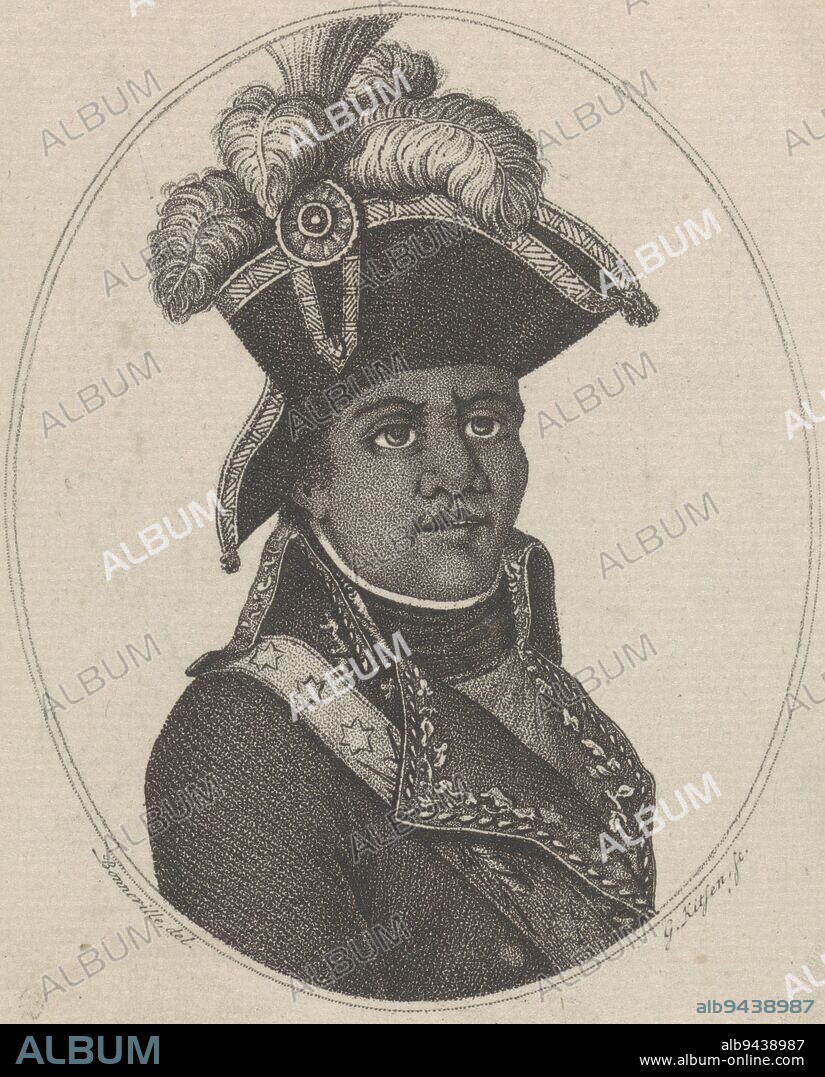 Portrait bust of Franois-Dominique Toussaint L'Ouverture, French general and leader of the Haitian Revolution. He wears a uniform and a hat with feathers, Portrait of Toussaint Louverture Toussaint Louverture (title on object), print maker: Govert Kitsen, (mentioned on object), François Bonneville, (mentioned on object), c. 1802 - c. 1810, paper, etching, h 162 mm × w 124 mm.