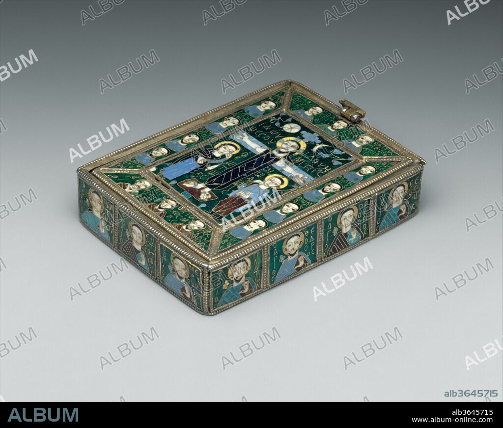 The Fieschi Morgan Staurotheke. Culture: Byzantine. Dimensions: Overall (with lid): 1 1/16 x 4 1/16 x 2 13/16 in. (2.7 x 10.3 x 7.1 cm)
lid only: 2 13/16 x 3 7/8 x 1/8 in. (7.1 x 9.8 x 0.3 cm)
vessel only: 7/8 x 2 15/16 x 4 in. (2.2 x 7.5 x 10.1 cm). Date: early 9th century.
Elaborately worked in cloisonné enamel, the lid of this box displays Christ on the cross wearing the colobium (sleeveless or short-sleeve tunic) associated with early images of the Crucifixion. Christ stands erect, his eyes wide open. His posture, the sun and the moon on either side of his head, and the flowers growing at the base of the cross express Christ's triumph over death. Beside him the Virgin and John the Theologian raise their hands to their faces in a gesture of mourning. Twenty-seven busts of saints appear on the lid and sides of the box. Worked in niello on the undersurface of the lid are four scenes from the life of Christ--the Annunciation, the Nativity, the Crucifixion, and the Anastasis (Descent into Hell). The interior of the box houses a cross-shaped container for the relic, with the remaining spaces possibly meant to contain other relics associated with the Holy Land. The patterns on the base resemble a book cover, perhaps a reference to the Gospels, which contain the story of the Crucifixion. The box is a testament to the sacrifice of Christ and the promise of salvation through his death.