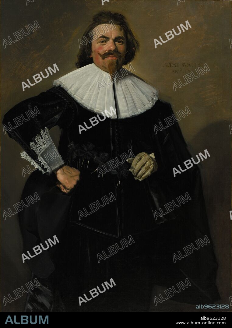 Portrait of Tieleman Roosterman, 1634. An extremely wealthy linen and silk merchant in Haarlem, Tieleman Roosterman was 36 years old when Frans Hals painted his portrait. Unlike many Dutch painters of the period, Hals favored strong, visible brushstrokes that convey the vitality of his sitters. Roosterman strikes a confident pose, his costume sober but luxurious: his sleeves are decorated with braid and buttons, and ribbon rosettes encircle the waist of his doublet. The rich black of his suit is offset by the broad linen collar and lace-edged cuffs—fashionable details befitting a successful cloth merchant.