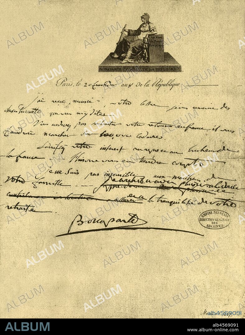 NAPOLéON. Letter from First Consul Napoleon Bonaparte to the Count of Provence, 6 September 1800, (1921). 'Lettre du Premier Consul au comte de Provence'. Napoleon writes to Louis, Count of Provence (future King Louis XVIII): 'Sir, I received your letter. I thank you for the kind things you write about me. You must not wish for your return to France. You would have to step upon 100,000 corpses. Sacrifice your interest to the peace and happiness of France...History will remember it to your credit. I am not indifferent to your family's misfortunes. I will be happy to contribute to the comfort and tranquility of your retirement. Bonaparte'. Facsimile document from "Napoleon", by Raymond Guyot. [H. Floury, Paris, 1921].