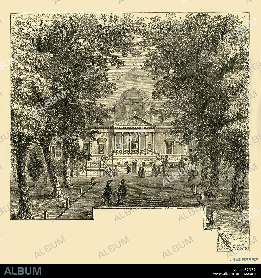 'Chiswick House, in 1763', (c1878). View of Chiswick House, a Palladian villa in Burlington Lane, Chiswick, (now part of west London). It was designed by Lord Burlington and completed in 1729. From Old and New London: A Narrative of Its History, Its People, And Its Places. The Southern Suburbs, Volume VI, by Edward Walford. [Cassell, Petter, Galpin & Co., London, Paris & New York, c1878].