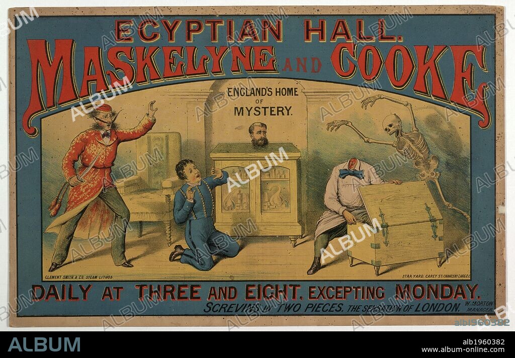Maskelyne & Cooke at the Egyptian Hall c. 1880. A collection of pamphlets, handbills, and miscellaneous printed matter. Originally published/produced in London, 1800 - 1895. Image taken from A collection of pamphlets, handbills, and miscellaneous printed matter relating to Victorian entertainment and everyday life. Originally published/produced in London, 1800 - 1895. Source: Evan.401. Language: English.