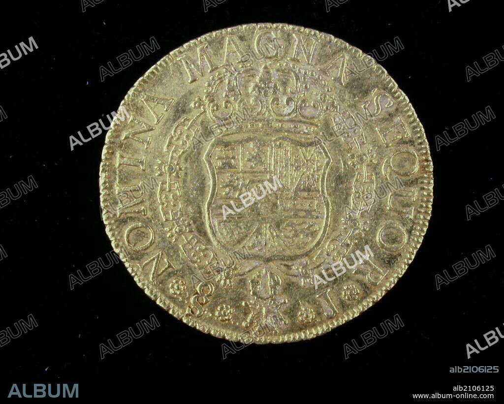 NUMISMATICA. MONEDA MODERNA. CUATRO ESCUDOS DE ORO, DE FERNANDO VI. REVERSO. ESCUDO CORONADO RODEADO DEL COLLAR DEL TOISON.1757. (DEPOSITO: MUSEO ARQUEOLOGICO NACIONAL).