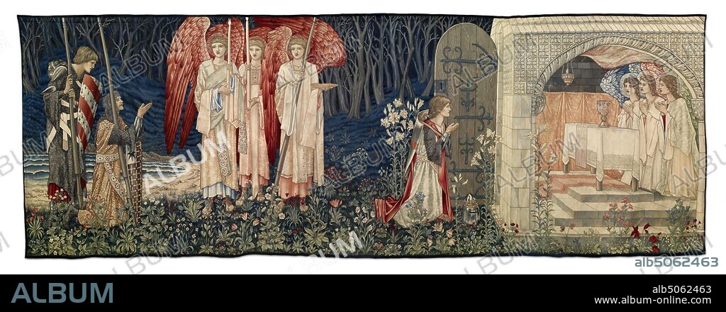 Quest for the Holy Grail Tapestries, Panel 6, The Attainment; The Vision of the Holy Grail to Sir Galahad, Sir Bors and Sir Percival, 1895-96 Designer: Sir Edward Burne-Jones Designer: William Morris Designer: John Henry Dearle Manufacturer: Morris & Co, The sixth narrative panel of the series., Applied Arts, Arts and Crafts, Textiles, AngelPre-Raphaelite, Tapestry, Knight, Arthurian Legend, Holy Grail.