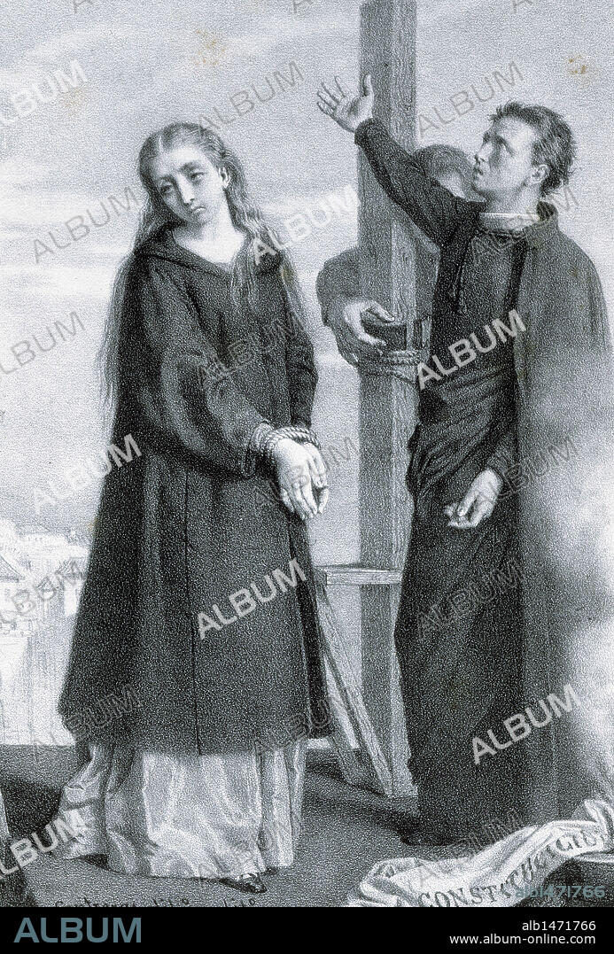 PINEDA, Mariana (Granada, 1804-Granada, 1831). Heroína de la causa liberal española en el siglo XIX. El gobierno le impuso la pena de muerte al saber que se preparaba un movimientio liberal en Andalucía y que ella bordaba una bandera verde (símbolo liberal). "MARIANA PINEDA EN EL CADALSO". Litografía de Contreras.
