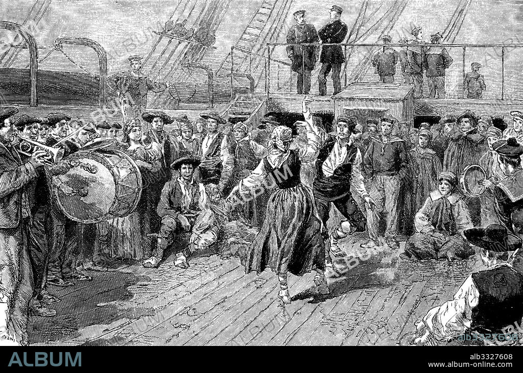 Emigrantes españoles a bordo del barco que les transporta a Uruguay. Grabado de 1887.