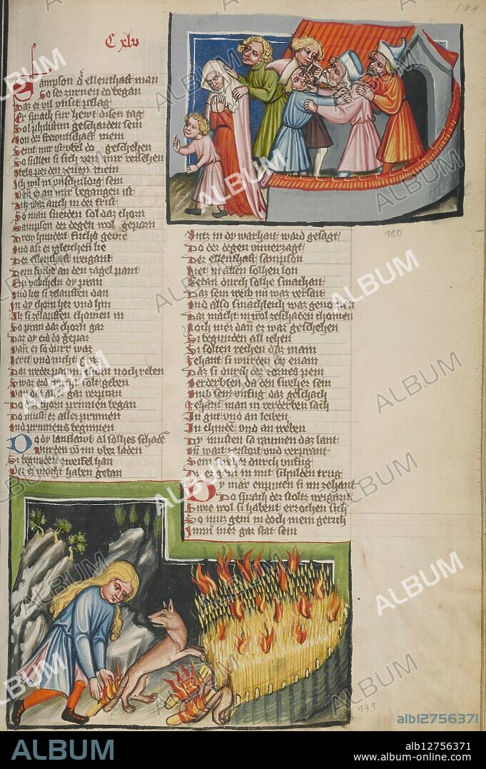 The Philistines Abducting Samson's Wife: Samson and the Foxes; Weltchronik, about 1400-1410.