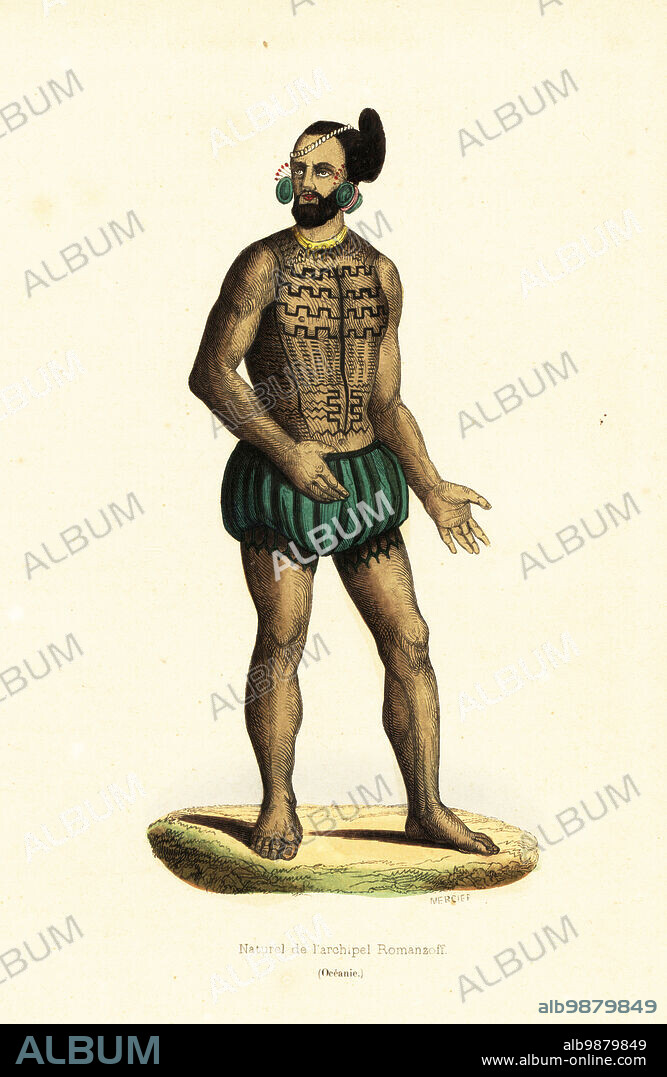 Native man of Tikei Island, Tuamotu group, French Polynesia. Wearing a grass skirt, rolled green-leaf ear plugs, necklace, and headdress. His body decorated with geometric tattoos. Adapted from a portrait of Larik, chief of the Romanzoff islands, by Louis Choris in Otto von Kotzebues Voyage pittoresque autour du monde. Naturel de larchipel Romanzoff (Oceanie). Handcoloured woodcut by Mercier after Louis Choris from Auguste Wahlen's Moeurs, Usages et Costumes de tous les Peuples du Monde, (Manners, Customs and Costumes of all the People of the World) Librairie Historique-Artistique, Brussels, 1845.