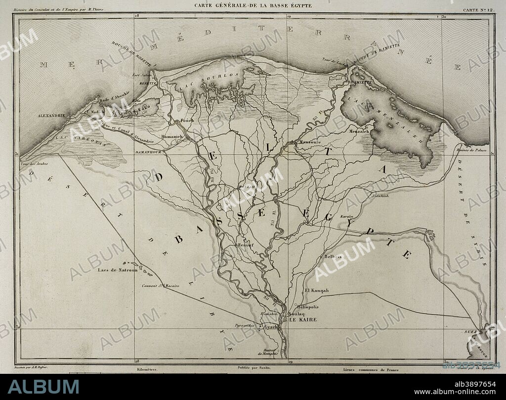 Mapa general del Bajo Egipto. Historia del Consulado y del Imperio de Napoleón (Atlas de l'Histoire du Consulat et de l'Empire). Obra de Marie Joseph Louis Adolphe Thiers (1797-1877). Dibujos realizados por Dufour y grabados por Dyonnet. Editado en París, 1864. Biblioteca Histórico Militar de Barcelona. Cataluña, España.