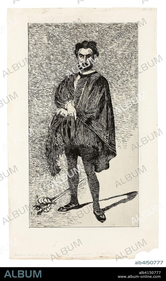 EDOUARD MANET. The Tragic Actor (Rouvière in the role of Hamlet). Édouard Manet; French, 1832-1883. Date: 1865-1866. Dimensions: 299 × 161 mm (image); 326 × 178 mm (plate); 369 × 221 mm (sheet). Etching and plate tone in black on ivory laid paper. Origin: France.