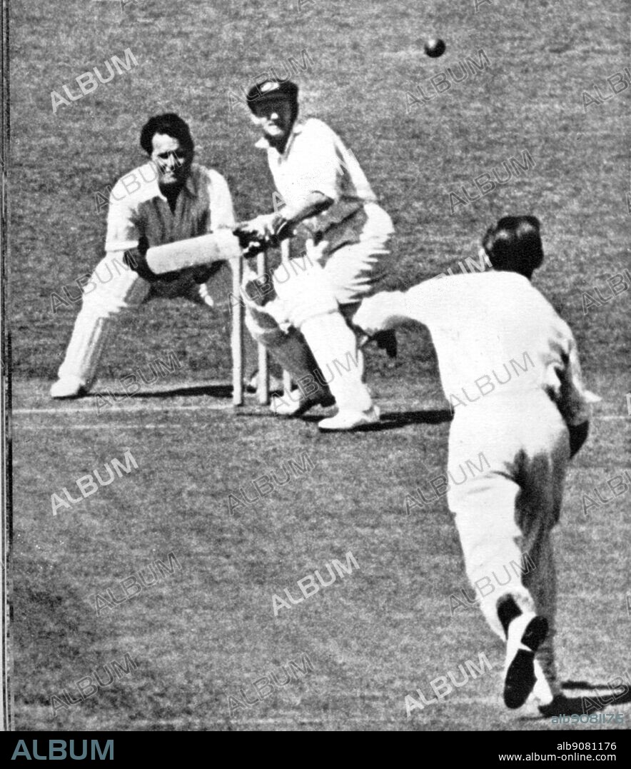 Sir Don G Bradman batting against Essex at Southend in 1948. Peter Smith is the bowler and F Rist is keeping wicket.