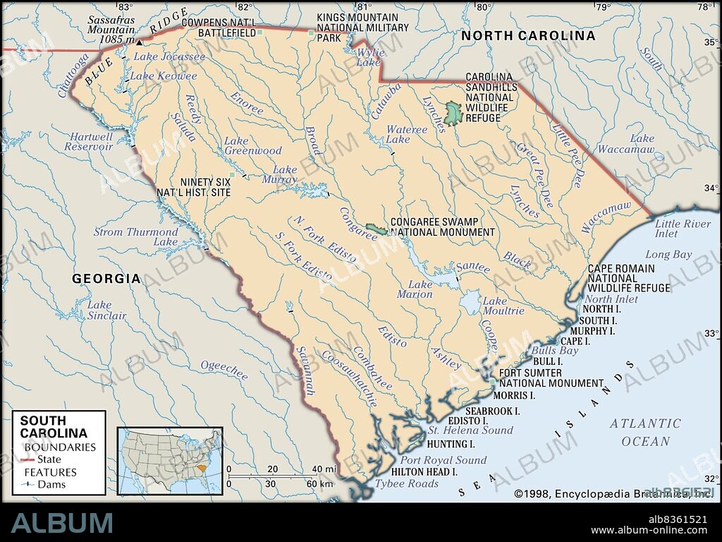 Physical map of South Carolina.