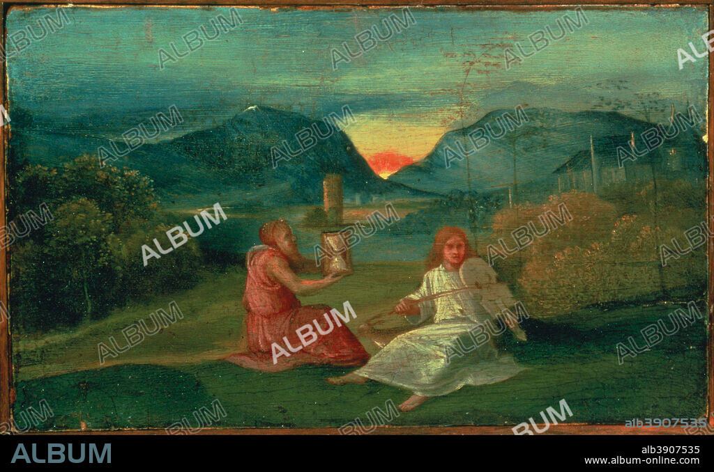 GIORGIONE. Hourglass. Painting. Oil on wood panel. Height: 114.30 mm (4.50 in); Width: 193.67 mm (7.62 in).
