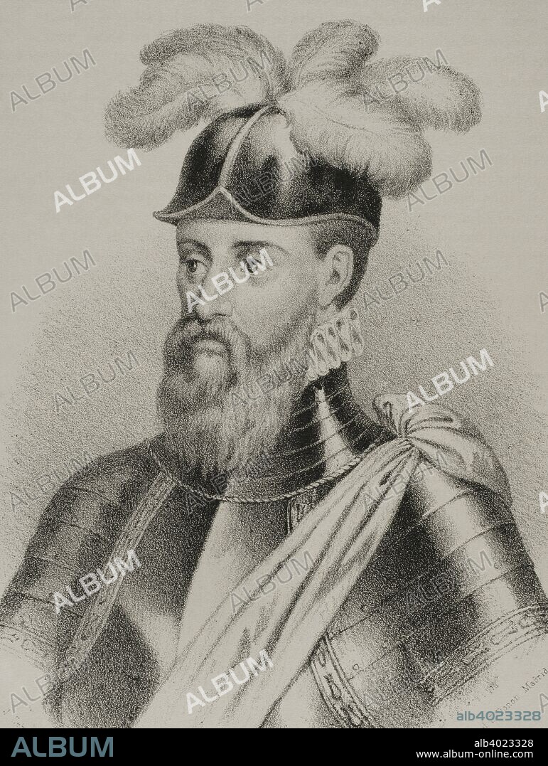 Francisco Pizarro (1478-1541). Conquistador español. Lideró la expedición que iniciaría la Conquista del Perú. Gobernador de Nueva Castilla. Dibujo por J. Cebrián. Detalle. Litografía. Crónica General de España, Historia Ilustrada y Descriptiva de sus Provincias. Extremadura, 1870. Biblioteca Histórico Militar de Barcelona. Cataluña, España.