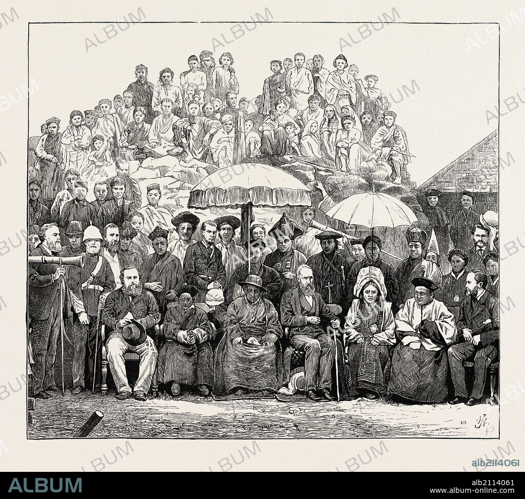 GRAND DURBAR AT DARJEELING, INDIA: RETURN VISIT OF THE LIEUT.-GOVERNOR OF BENGAL TO THE RAJAH OF SIKKIM AT LE BONG; 1. W.L. Heeley, Esq., Inspector-General of Jails. 2. Lt.-Col. Newall., Commanding the Station. 3. J.W. Edgar, C.S.I., Deputy-Commissioner of Darjeeling. 4. Thoothub Nangye, Rajah's Youngest Brother, and Heir-Apparent. 5. Captain Farmer, Aide-de-Camp to the Lieutenant-Governor. 6. Sikyoung Koojew, Rajah of Sikkim. 7. Sir Geo. Campbell, K.C.S.I., Lt.-Governor of Bengal. 8. Serung Pooty, Rajah's Sister. 9. Chunjew Kaboo, Rajah's Elder Brother. A. Mackenzie, Esq., Junior Secretary to Governor of Bengal, 1890 engraving.