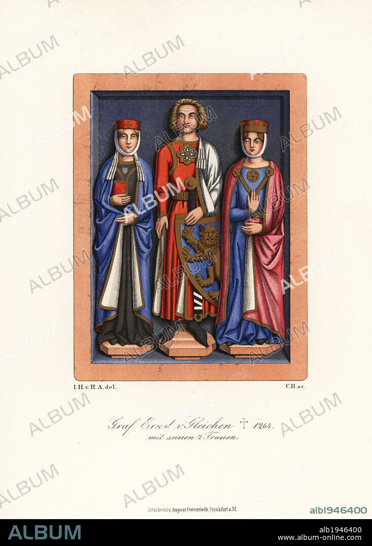Costumes of Count Ernst IV von Gleichen with his first wife Ingeborg and second wife Margaretha, 13th century. Graf Ernst von Gleichen. From the effigy in Erfurt cathedral. Chromolithograph from Hefner-Alteneck's Costumes, Artworks and Appliances from the Middle Ages to the 17th Century, Frankfurt, 1889. Illustration by Dr. Jakob Heinrich von Hefner-Alteneck, lithographed by C.R. Dr. Hefner-Alteneck (1811 - 1903) was a German museum curator, archaeologist, art historian, illustrator and etcher.