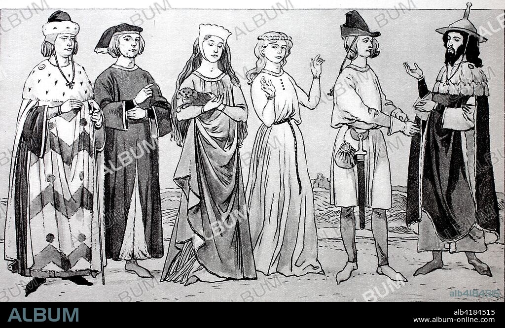 Clothing, fashion in Germany at the time of the minstrels, in the 12th-13th centuries, from the left, a princely minnesinger, a distinguished gentleman, wife and girl of the courtly circles, a gentleman in travel dress, the Jewish minnesinger Susskind of Trimberg with the prescribed pointy hat of the Jews, digital improved reproduction of an original print from the 19th century.
