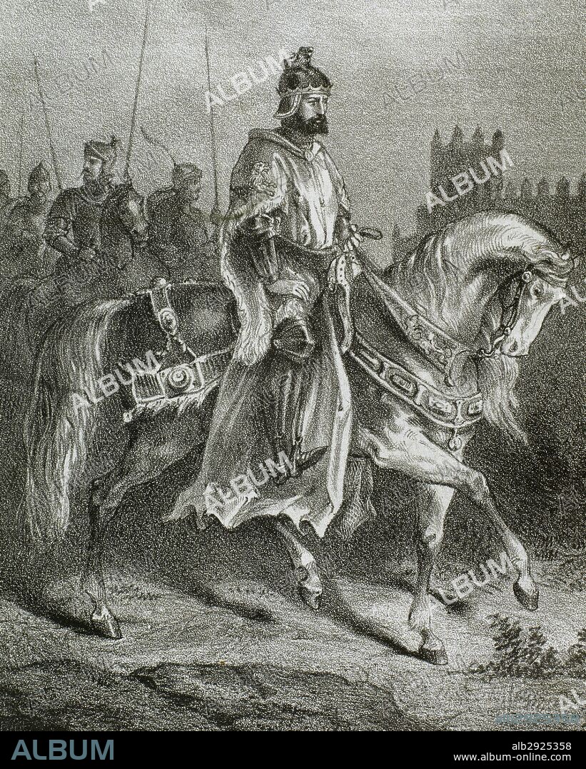 FERNANDO II (h.1137-Benavente, 1188). Rey de León (1157-1188), hijo segundo del rey Alfonso VII y de Berenguela de Barcelona. "EL REY FERNANDO A CABALLO". Grabado de "Historia de España Ilustrada", del siglo XIX.