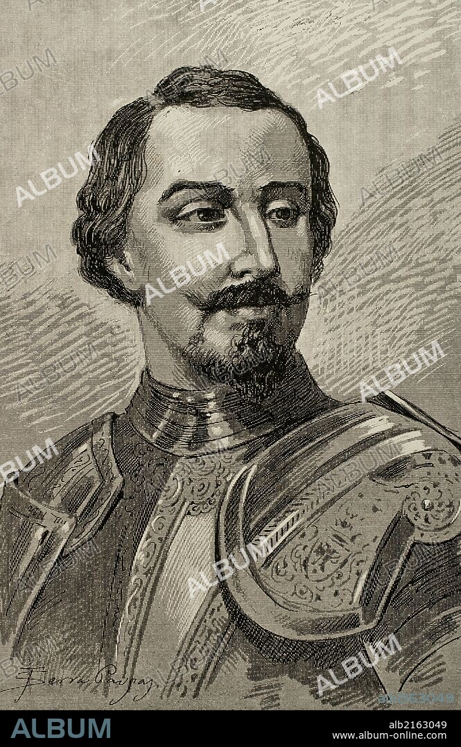 JUAN DE AUSTRIA (Ratisbona, 1545-Namur, 1578). Príncipe español, hijo natural de Carlos V y Bárbara de Blomberg. Su prestigio militar hizo que en 1571 se le concediera el mando de la escuadra de la Santa Liga, con la que venció en Lepanto. En 1576 fue enviado a los Países Bajos, donde trató de aplicar la conciliación. Grabado por J. Serra Pausas. "Historia de España", 1882.