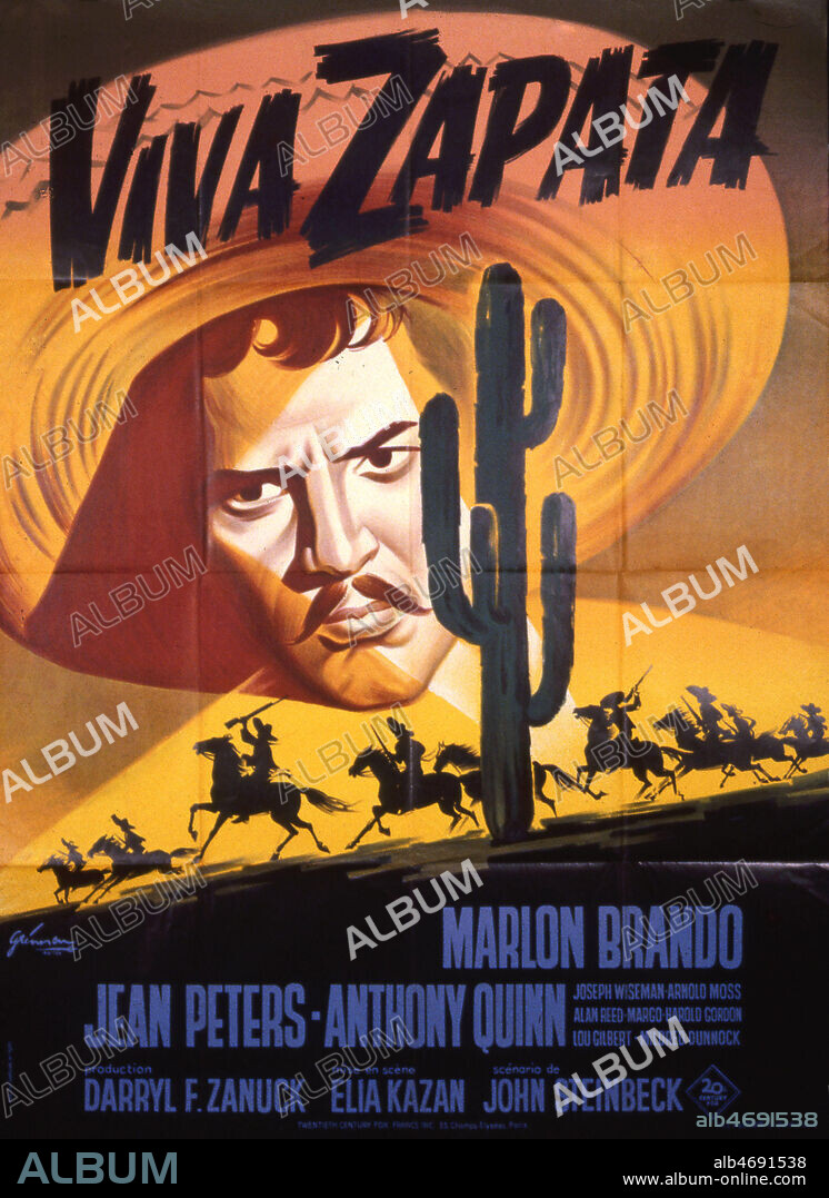 Affiche du film 'Viva Zapata' realise en 1951 par Elia KAZAN (1909-2003) d'apres E. PICHON avec Marlon BRANDO (1924-2004). Le scenario est de John STEINBECK (1902-1968). Credit : Coll. Perron/KHARBINE-TAPABOR.