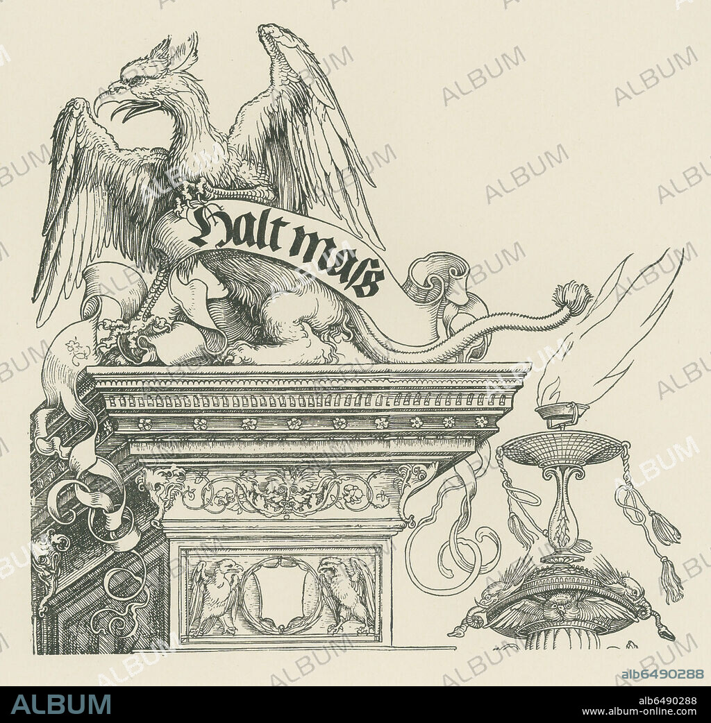 ALBRECHT DÜRER. Triumphal Arch ('Ehrenpforte') for Emperor Maximilian I. Dated 1515. Detail of 33-02-02/65. Woodcut. 
 
Uppermost section of the right-hand corner column. Griffin with the motto "Halt Mass", the device of Maximilian.